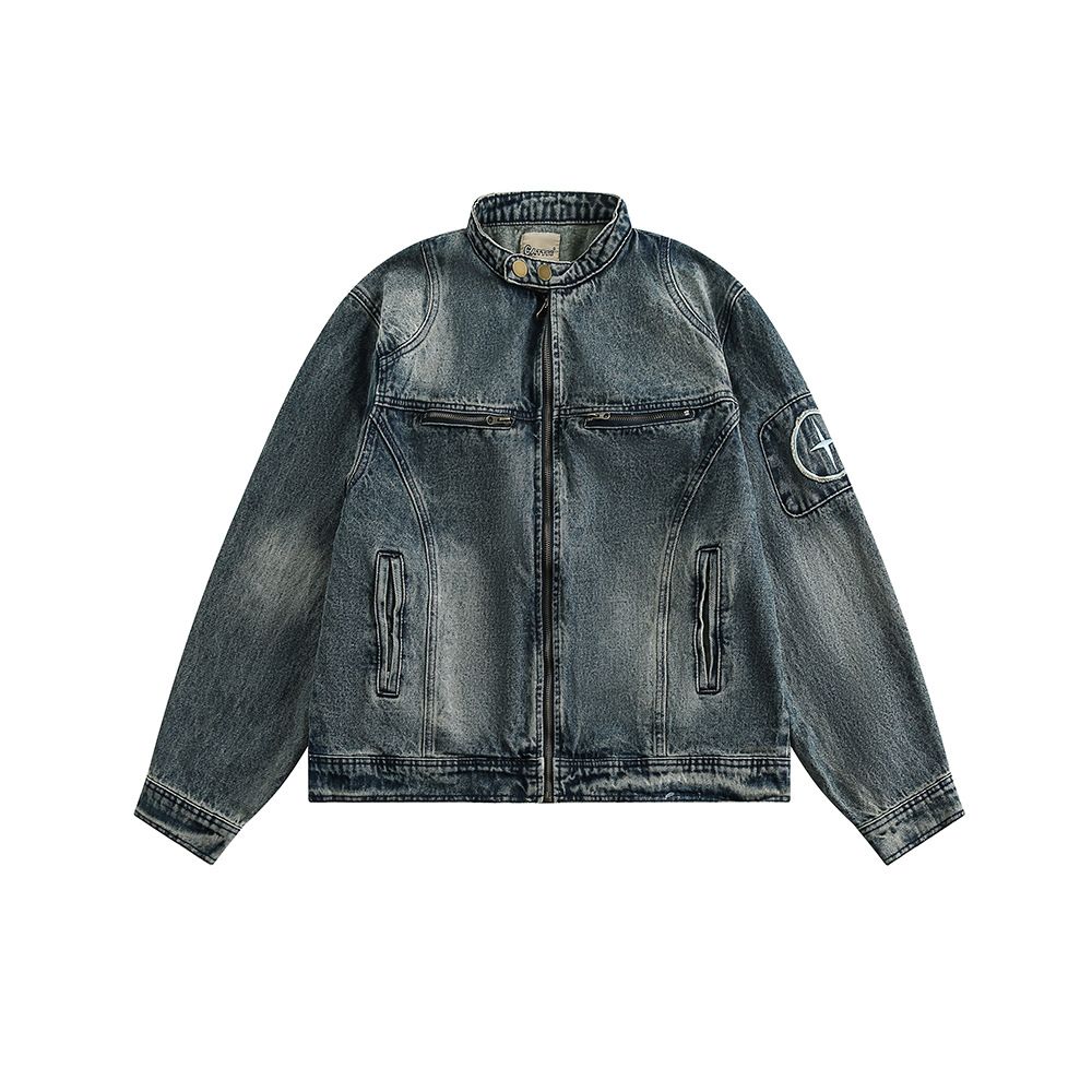 Embroidered Washed Denim Jacket For Men's Summer New BF Style Loose Workwear Casual Top_mkmklike.com