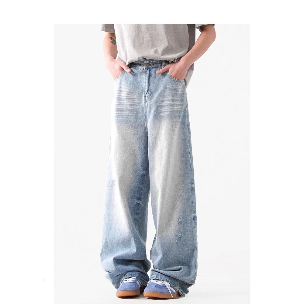 Men's Clothing Retro Washed Glacier Blue Jeans Cleanfit Casual Loose Straight Stacked Trousers_mkmklike.com