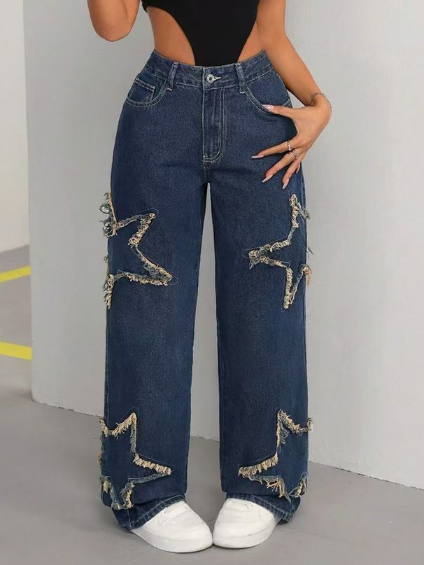 Women's Casual Versatile Jeans Loose Straight Leg Five Pointed Star Tassel Frayed Edge Denim European American Style_mkmklike.com