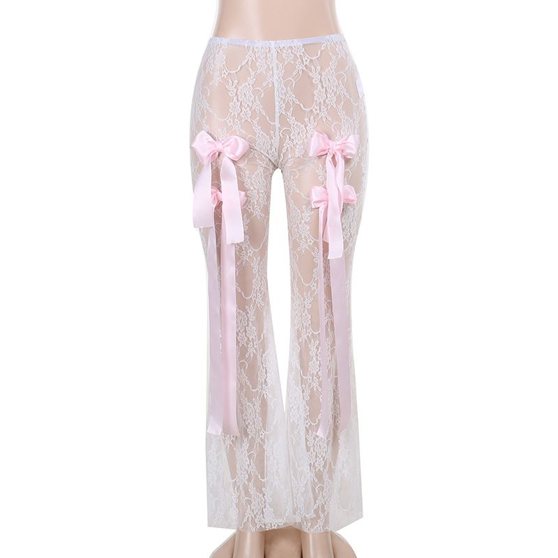 Women's Clothing high waist lace see-through bow trousers_mkmklike.com