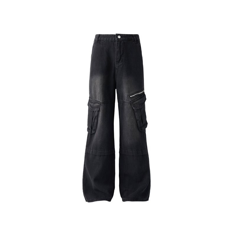 Unisex American Retro Zippered Cargo Jeans Loose Fitting Hip Hop Style Floor Length Straight Leg Wide Leg Trousers Trendy_mkmklike.com