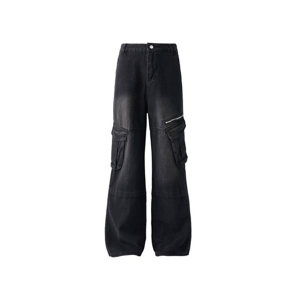 Unisex American Retro Zippered Cargo Jeans Loose Fitting Hip Hop Style Floor Length Straight Leg Wide Leg Trousers Trendy_mkmklike.com