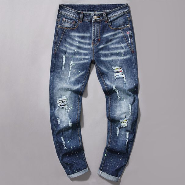 Men's Slim Fit Distressed Jeans – Patchwork Blue Washed Skinny Denim Pants (Sizes 28-38, Korean Street Style, Stretch Comfort)_mkmklike.com