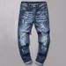 Men's Slim Fit Distressed Jeans – Patchwork Blue Washed Skinny Denim Pants (Sizes 28-38, Korean Street Style, Stretch Comfort)_mkmklike.com