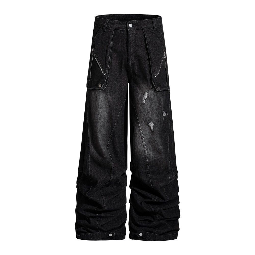Stacked Feel Floor-Length Jeans For Men, Trendy Brand, Large Pockets, Cargo Style, Distressed Washed Design, Wide-Leg_mkmklike.com