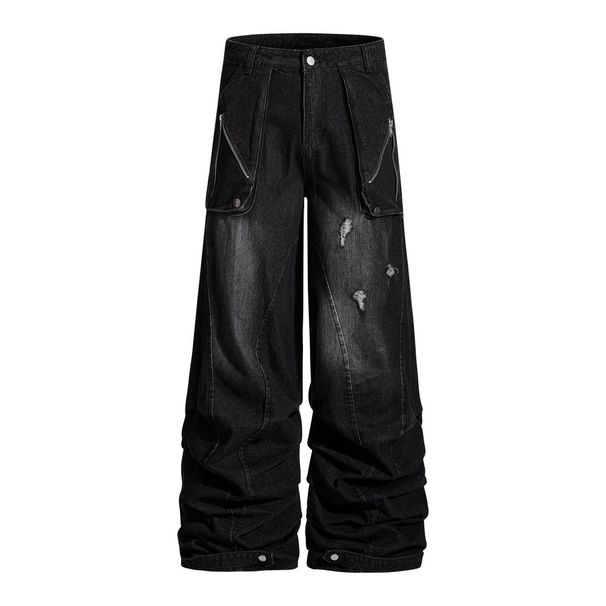 Stacked Feel Floor-Length Jeans For Men, Trendy Brand, Large Pockets, Cargo Style, Distressed Washed Design, Wide-Leg_mkmklike.com