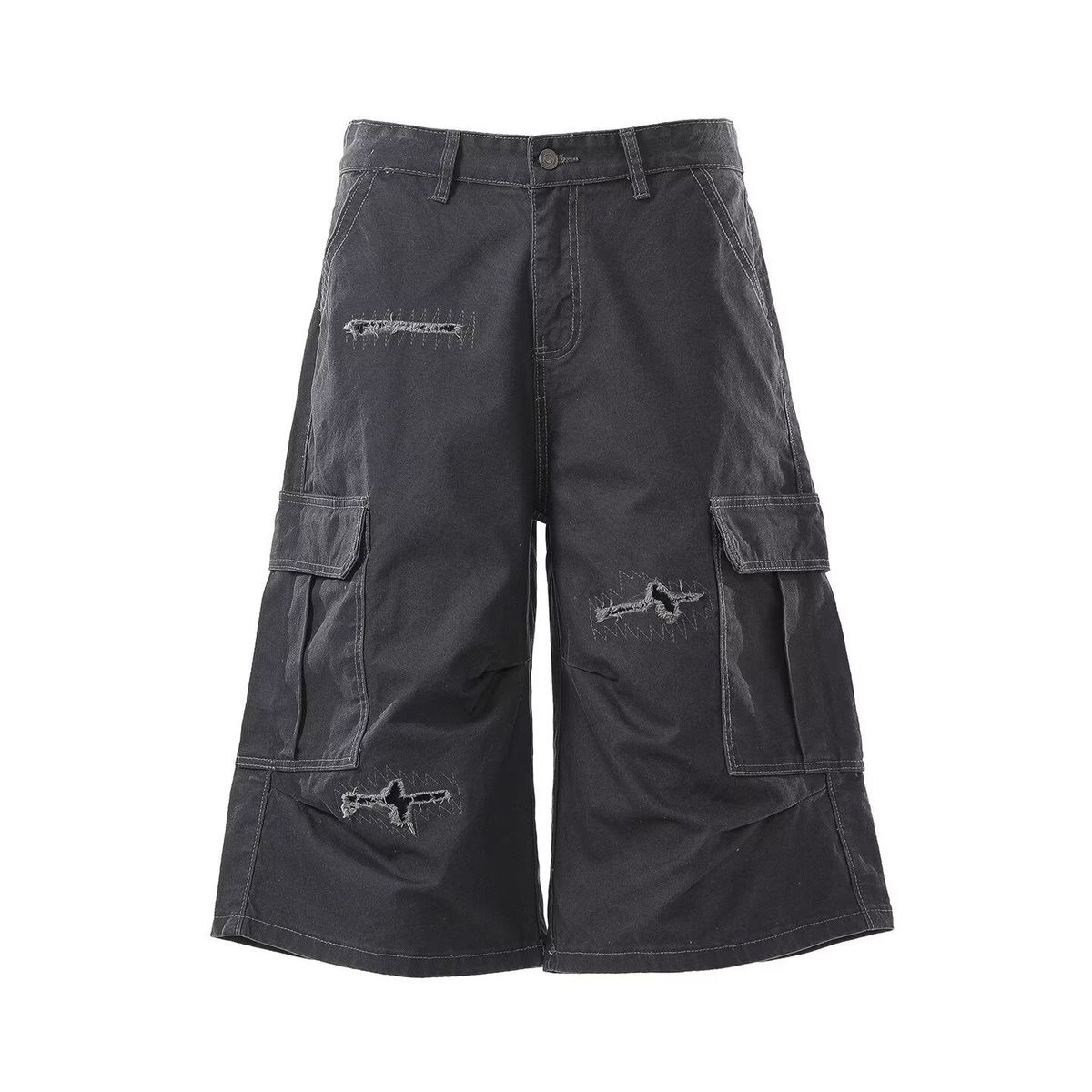 Men's Distressed Patchwork Cargo Capri Pants Wide-Leg Multiple Pocket Shorts For Streetwear Vibe Versatile Capri Length_mkmklike.com
