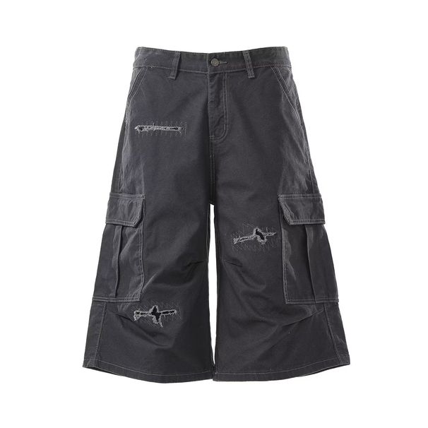 Men's Distressed Patchwork Cargo Capri Pants Wide-Leg Multiple Pocket Shorts For Streetwear Vibe Versatile Capri Length_mkmklike.com