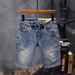 Blue Vintage Summer Men's Denim Five-Point Embroidered Scratched Washed Trendy Versatile Stretch Shorts_mkmklike.com