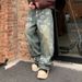 Men's Graffiti Washed Denim Pants - Streetwear High Waist Loose Fit Vintage Straight Leg Jeans With Artistic Paint Splatter Design_mkmklike.com