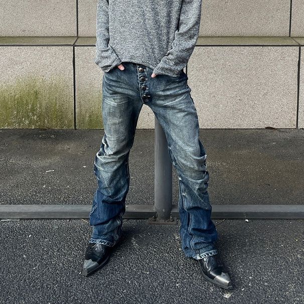 Vintage High-Street Button-Fly Jeans For Men – Retro Washed Straight-Leg Denim Pants With Stacked Cuff & Distressed Details_mkmklike.com