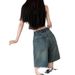 Women's Retro Washed Straight Leg Denim Shorts High Waisted Slimming Loose Fitting Distressed mid Length Capri Pants Summer Thin Wide Leg_mkmklike.com