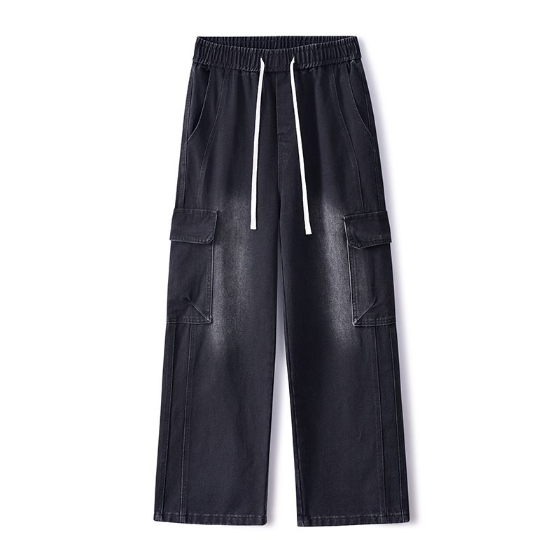 Men's American Vintage Washed Cargo Jeans, Multi-Pocket Utility Loose Wide Leg Denim Pants_mkmklike.com