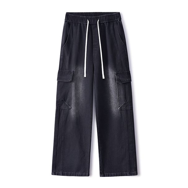 Men's American Vintage Washed Cargo Jeans, Multi-Pocket Utility Loose Wide Leg Denim Pants_mkmklike.com