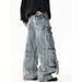 Men's Clothing Men's Distressed Cargo Jeans - Oversized Streetwear Denim Pants With Multi-Pockets & Patchwork Design (Blue/Vintage Blue)_mkmklike.com