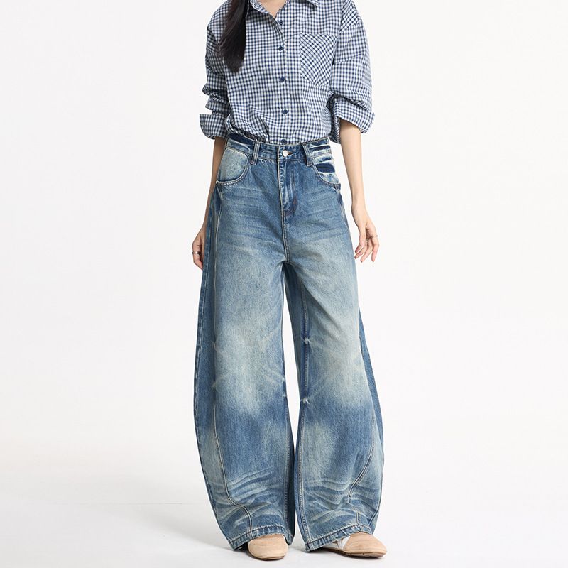 Men's Washed Blue Denim Jeans - American Vintage Baggy Cargo Pants With Distressed Details_mkmklike.com