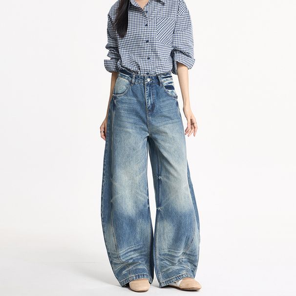 Men's Washed Blue Denim Jeans - American Vintage Baggy Cargo Pants With Distressed Details_mkmklike.com