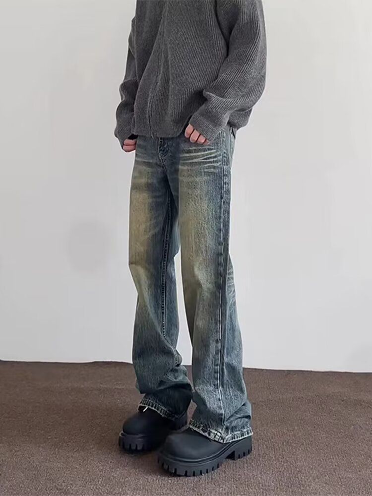 Men's Vintage Straight Leg Jeans – Retro Washed Denim With High Street Vibe, Relaxed Fit & Light Stretch For Casual Wear_mkmklike.com