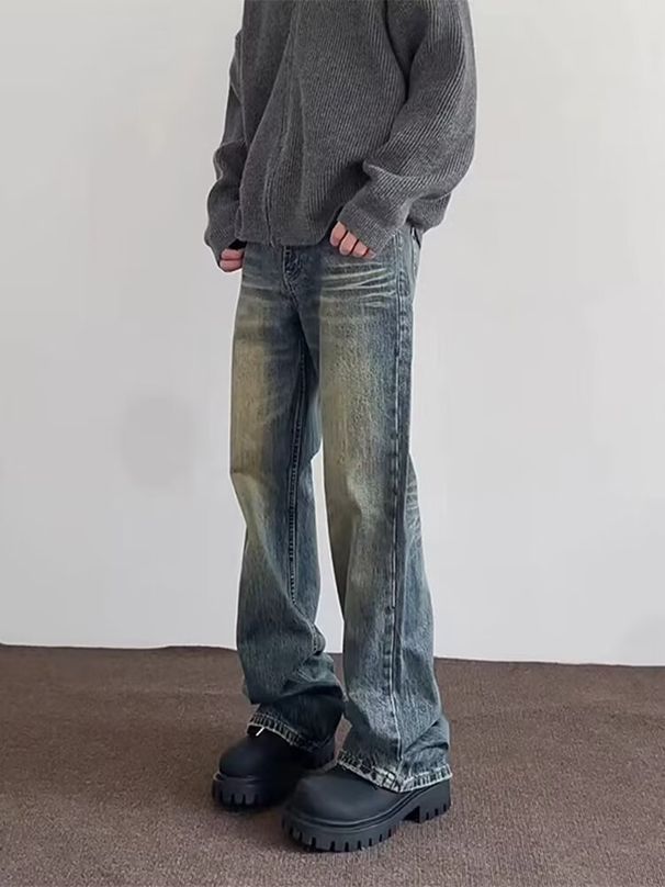 Men's Vintage Straight Leg Jeans – Retro Washed Denim With High Street Vibe, Relaxed Fit & Light Stretch For Casual Wear_mkmklike.com