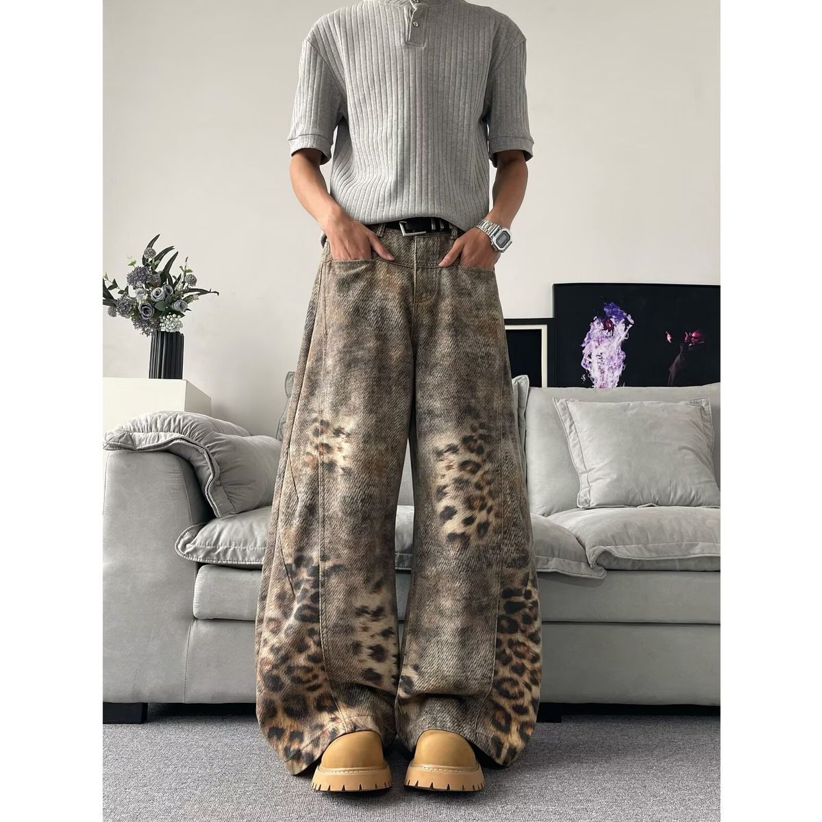 Men's Clothing Unisex Wide Leg Pants Street Style Patchwork Leopard Print Curved Blade Jeans Deconstructed Design_mkmklike.com