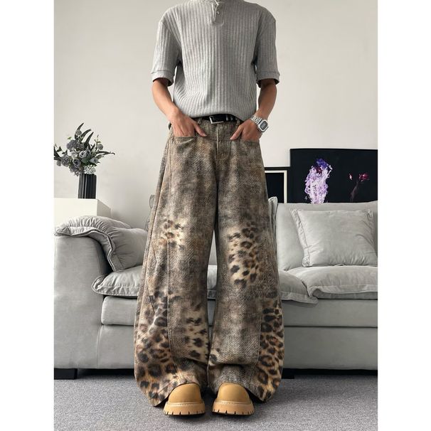 Men's Clothing Unisex Wide Leg Pants Street Style Patchwork Leopard Print Curved Blade Jeans Deconstructed Design_mkmklike.com
