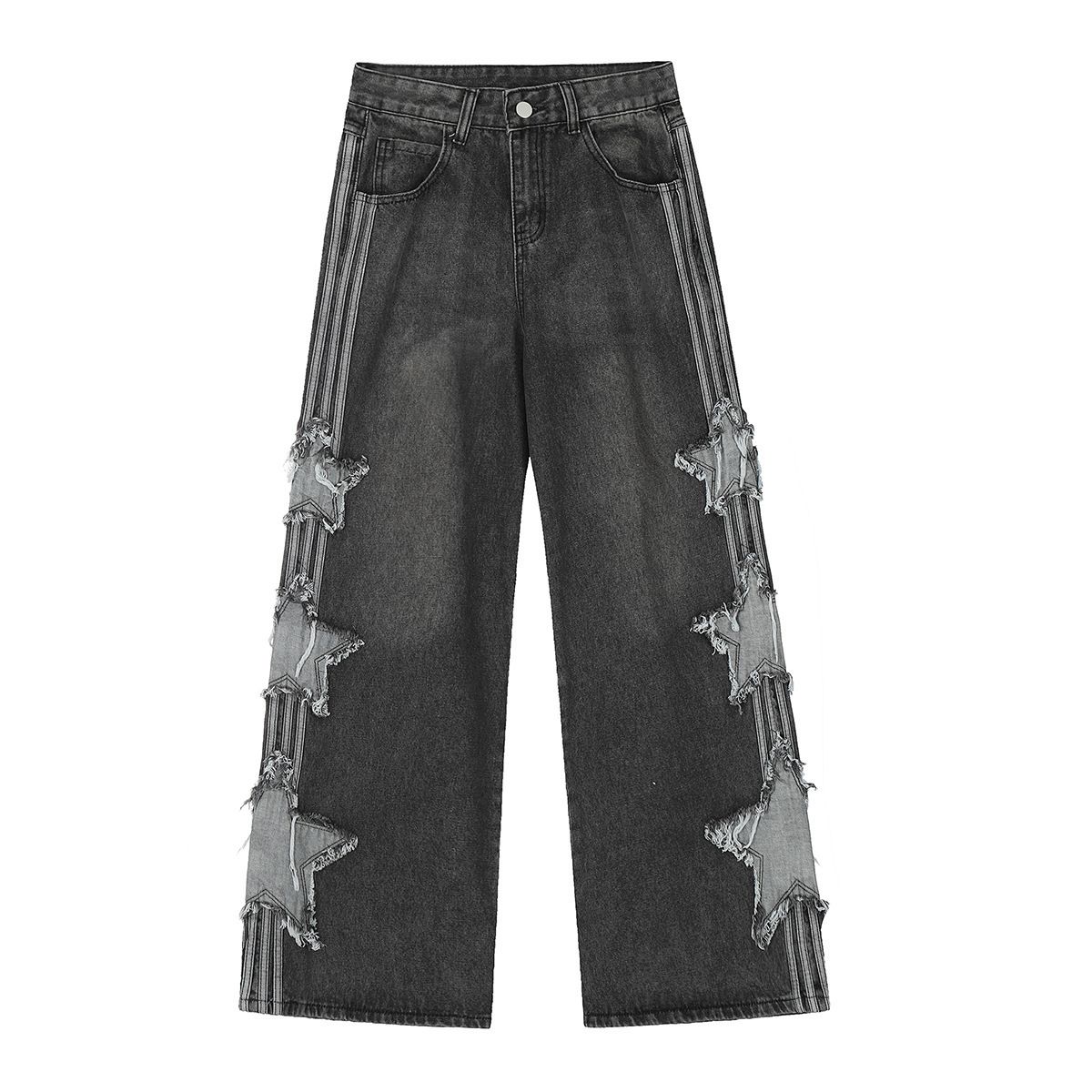 Men's Streetwear Star Patch Jeans – Relaxed Straight-Leg Baggy Pants With Vintage Wash_mkmklike.com