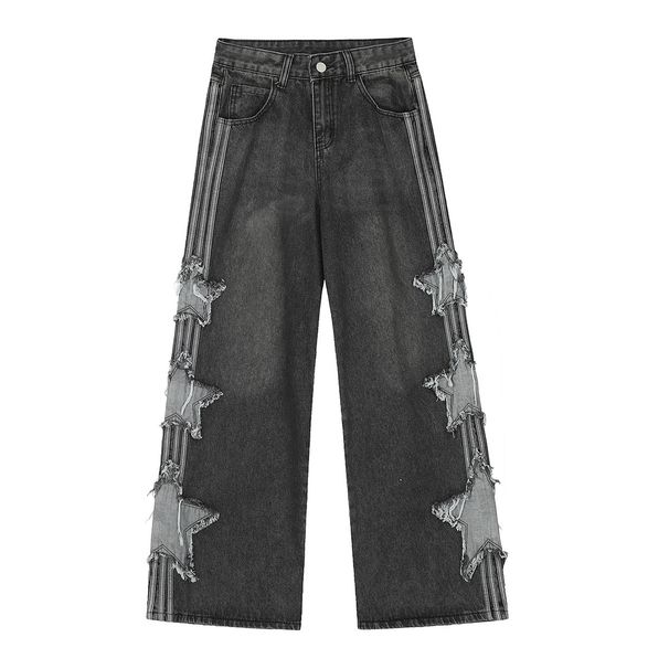 Men's Streetwear Star Patch Jeans – Relaxed Straight-Leg Baggy Pants With Vintage Wash_mkmklike.com