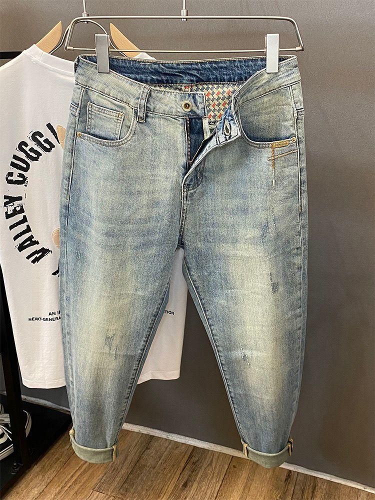 Men's Light Colored Skinny Jeans Trendy Nostalgic Retro Harem Pants Elastic Slim Fit 9 Point Summer Thin Style_mkmklike.com