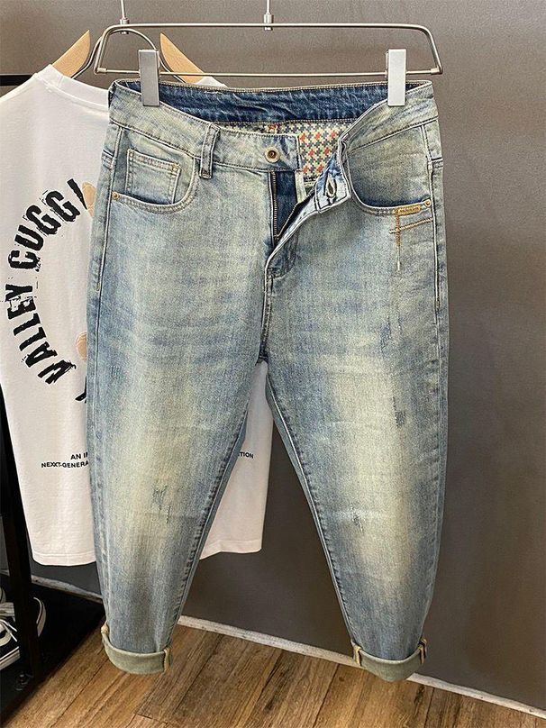 Men's Light Colored Skinny Jeans Trendy Nostalgic Retro Harem Pants Elastic Slim Fit 9 Point Summer Thin Style_mkmklike.com