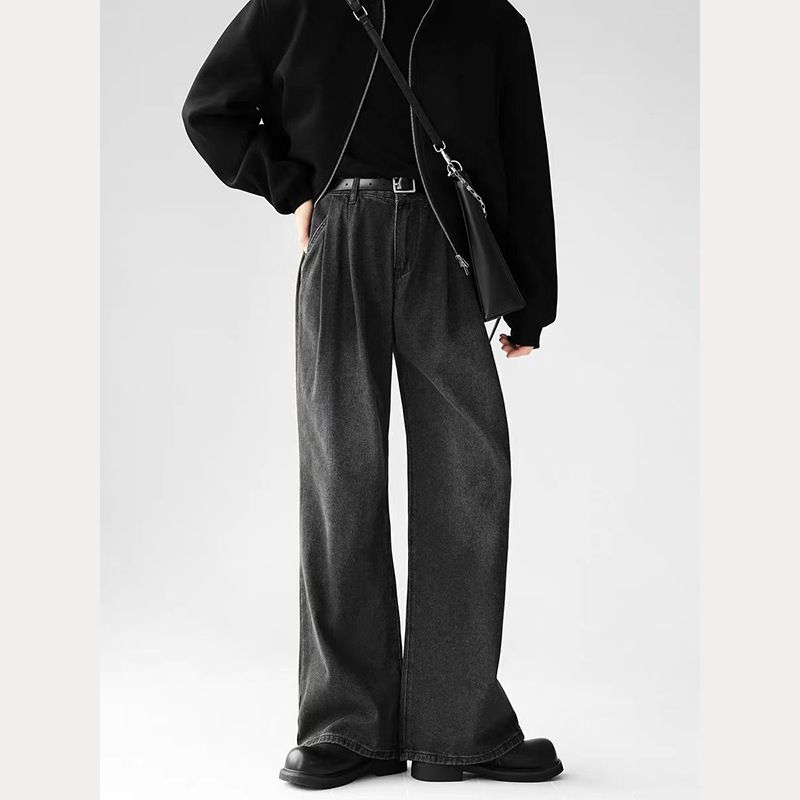 American Retro Loose Jeans Men's And Women's Pleated Wide-leg Pants Straight Floor-mopping Trousers_mkmklike.com