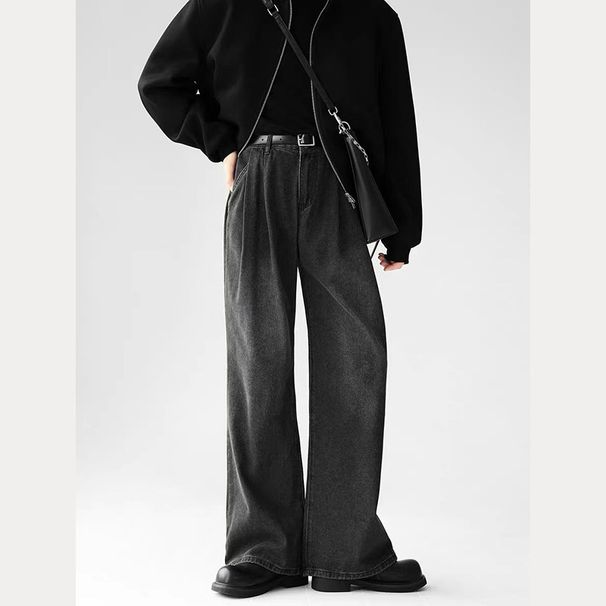 American Retro Loose Jeans Men's And Women's Pleated Wide-leg Pants Straight Floor-mopping Trousers_mkmklike.com