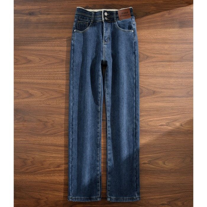 High-Quality Autumn-Winter Thin Fleece Straight-Leg Jeans For Women 2025 New Style Fleece-Lined Loose Slimming Cigarette_mkmklike.com