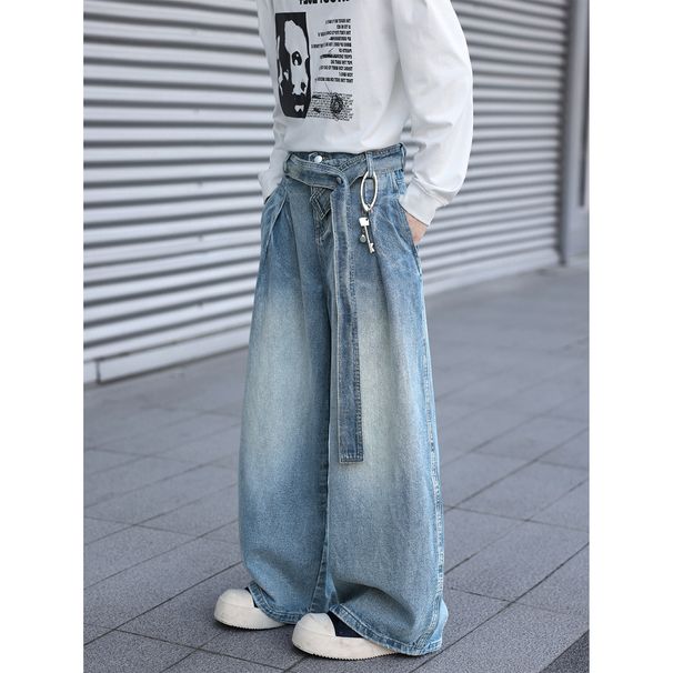 Men's Retro Blue Belted Jeans - Loose Straight Leg Denim Pants For Autumn & Winter, High Street Wide Leg Style_mkmklike.com