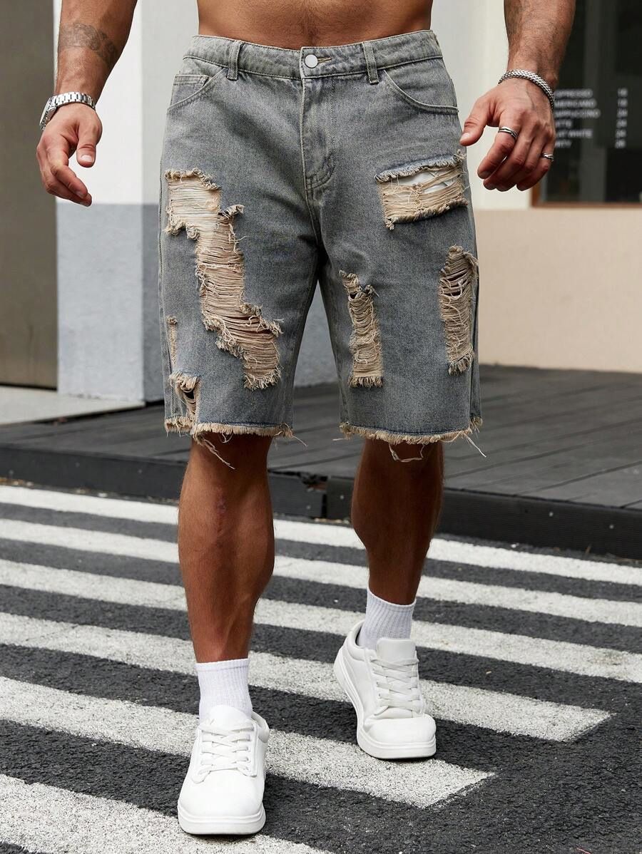 Men's New Style Hip Hop Ripped Denim Shorts Loose Casual Straight Leg Five Point Pants Distressed Summer Cool Trendy_mkmklike.com