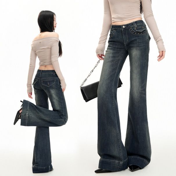 Rivet Low-waist Hot Girl Flared Jeans, 25 Autumn New American Style Elastic Versatile Slim-fit Micro-flare Denim Pants_mkmklike.com