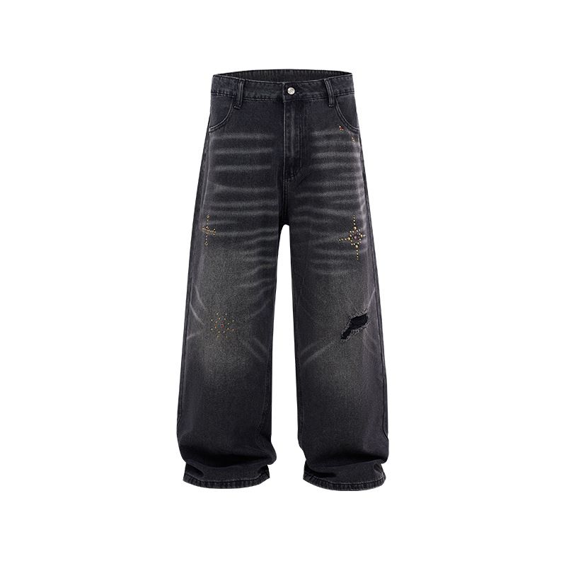 Inflation Men's Vintage Washed Denim Jeans – Distressed Cat Whisker & Beaded Streetwear Pants (S-Xl, Mid-Rise, Relaxed Fit)_mkmklike.com