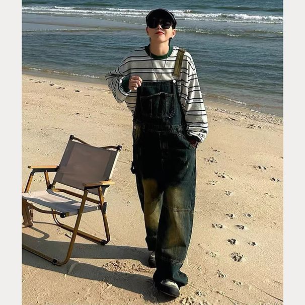 American Retro Heavy Loose Washing Water Nostalgic Grinding Straight One-piece Denim Overalls Wide-leg Suspender Pants Men And Women_mkmklike.com