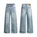 Unisex Washed Denim A-Line Baggy Jeans With Deconstructed Design Straight Leg Trousers For Men And Women_mkmklike.com