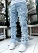 High Street White Mens Stacked Jeans Stretched Patchwork Tassel Damaged Denim Full Length Pants Hippop Trousers For Male_mkmklike.com
