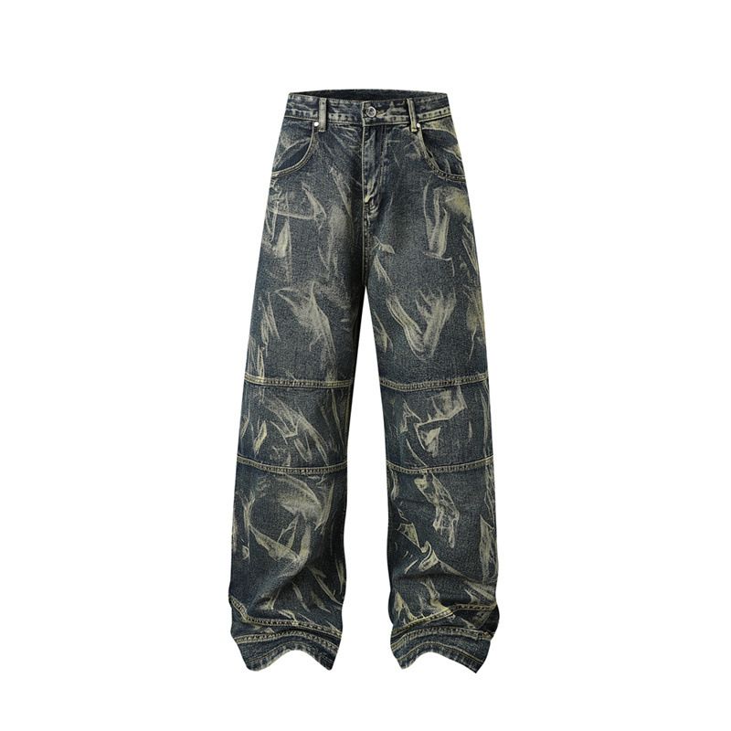 Men's Clothing High Street Distressed Jeans For Men And Women Dyed Personalized Design Cool Deconstruction Trendy Retro Straight Trousers_mkmklike.com