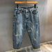 Men's Clothing Retro Claw Print Jeans - Korean Loose Straight Leg Pants, Light Blue Washed Denim With Stretch, Mid Rise Casual Trousers_mkmklike.com