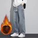 Fleece Jeans Men's Loose Straight Tube American Retro Elastic Waist Tooling Casual Trousers Wear-resistant Work Pants Men_mkmklike.com