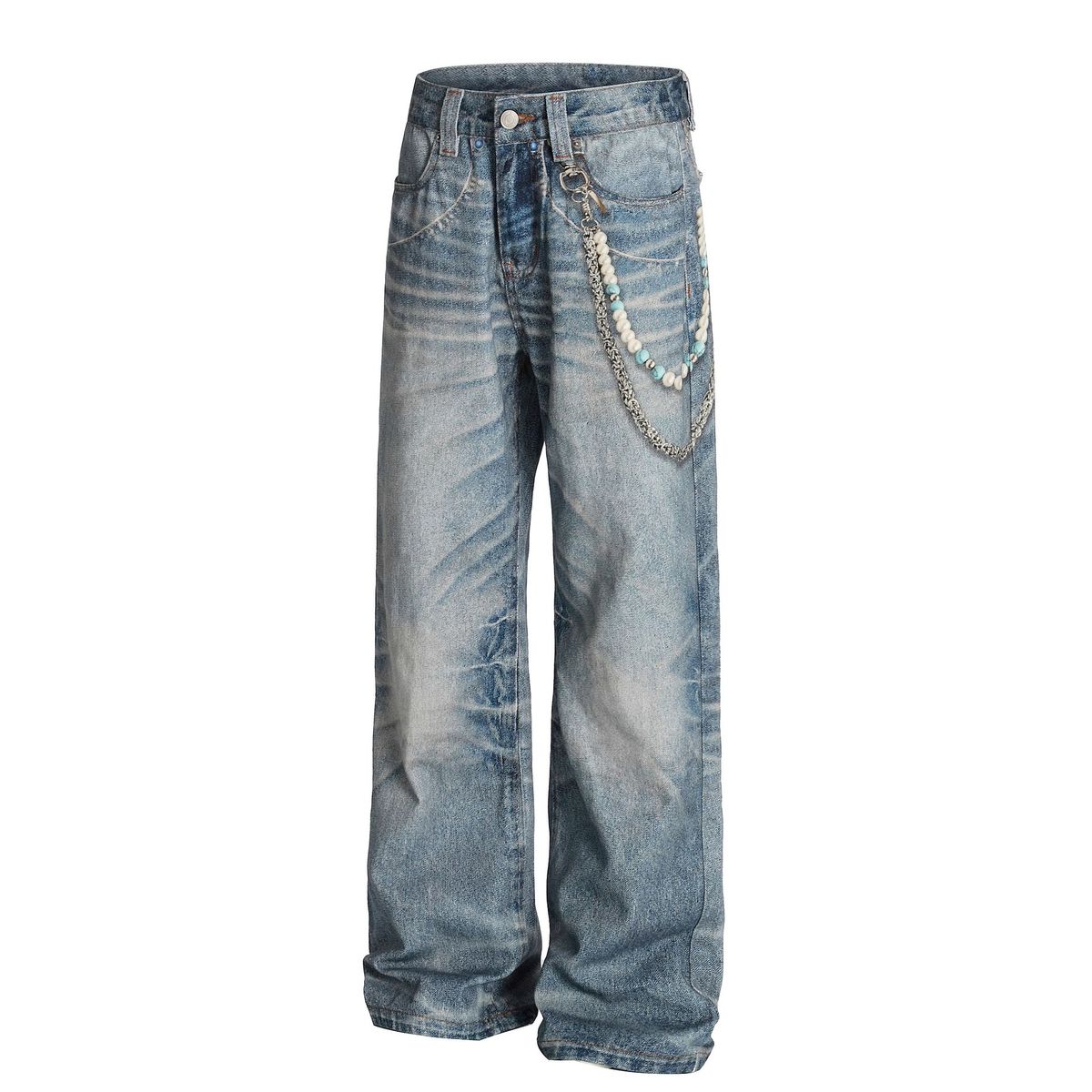 "Men's Vintage Washed Distressed Jeans – 3D Digital Print Chain Detail, Relaxed Straight & Wide-Leg Fit"_mkmklike.com