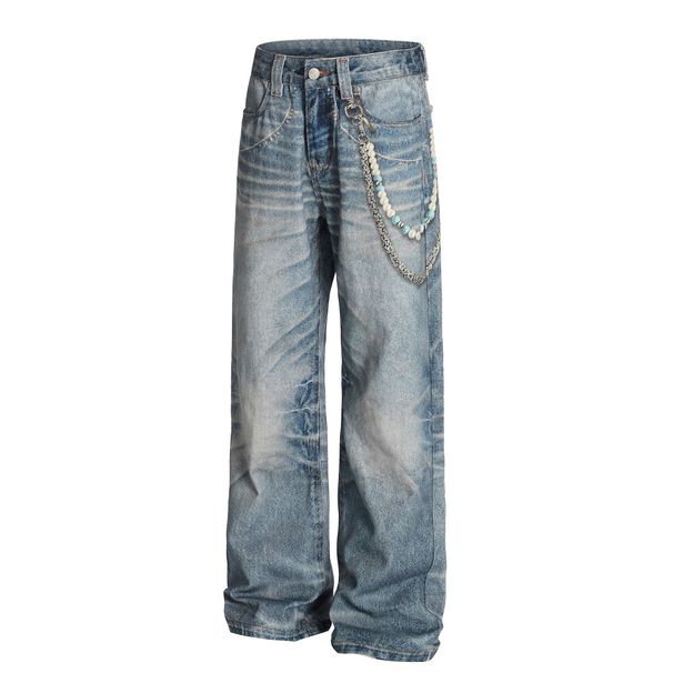 "Men's Vintage Washed Distressed Jeans – 3D Digital Print Chain Detail, Relaxed Straight & Wide-Leg Fit"_mkmklike.com