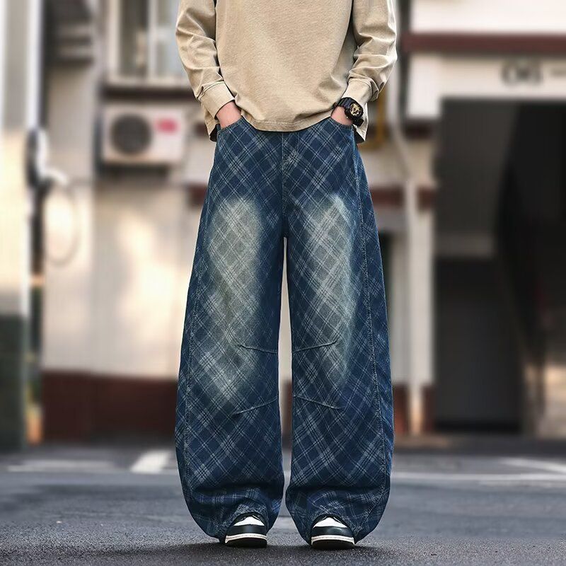 Men's Clothing Vintage American Checkered Distressed Jeans For Men - Relaxed Fit Wide Leg Casual Trousers With Washed Wrinkles (Blue, S-3XL)_mkmklike.com