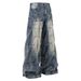 Streetwear Vintage Washed Distressed Jeans For Men - High Waisted Relaxed Fit With Artful Pleats & Long Hem_mkmklike.com