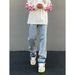 Men's Pink Embroidered Washed Jeans - Loose Straight Fit, Trendy Casual Wear For Everyday Comfort_mkmklike.com