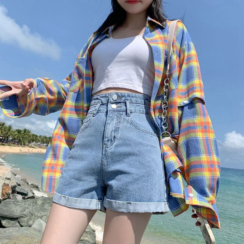 Women's Super High-Waisted Denim Shorts Straight Leg Double Buckle Loose Fit Rolled Hem Wide Leg Hot Pants Trendy Summer Style_mkmklike.com