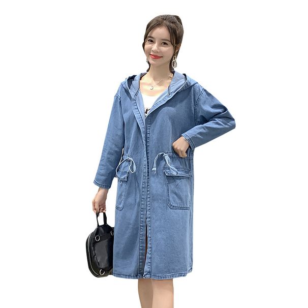 K Plus Size Women's Denim Jacket; Mid-length, Long-sleeved, Hooded Cardigan Trench Coat._mkmklike.com