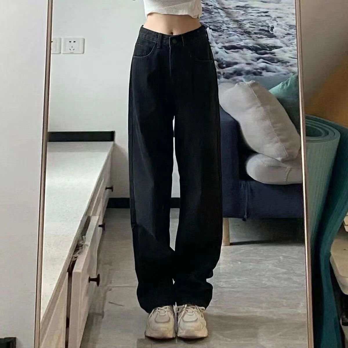 High-Waisted Flared Jeans For Women - Vintage Cement Gray Wash, Stretchy Denim, 70s Retro Bell Bottoms With Adjustable Belt_mkmklike.com